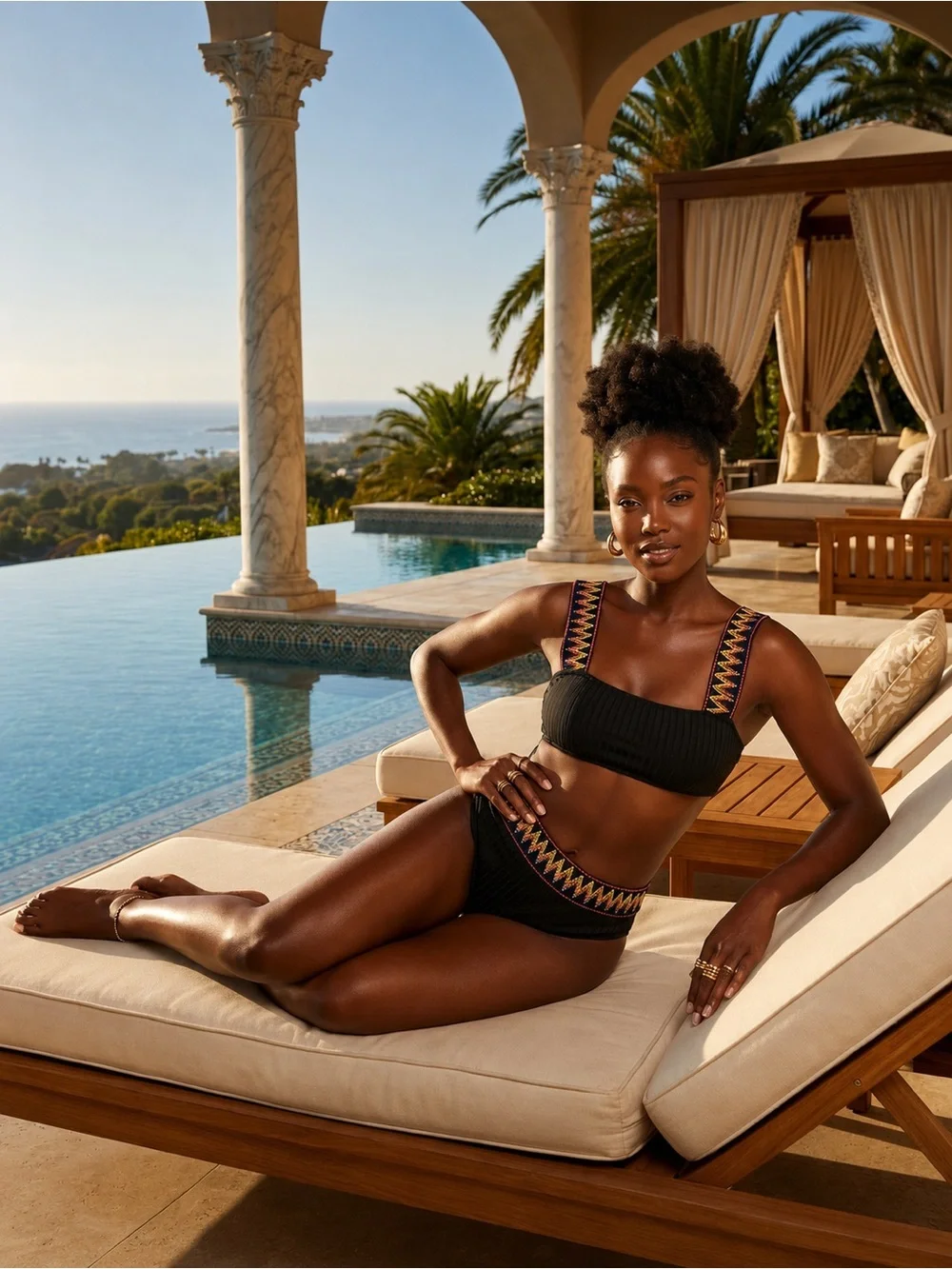 Black Ribbed Two-Piece Bikini with Multicolor Trim